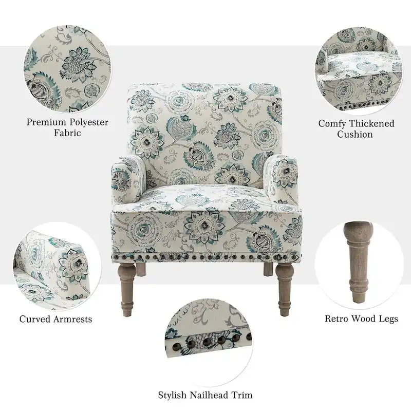 Fauteuil d'appoint rembourré en tissu à motifs floraux traditionnels avec pieds tournés