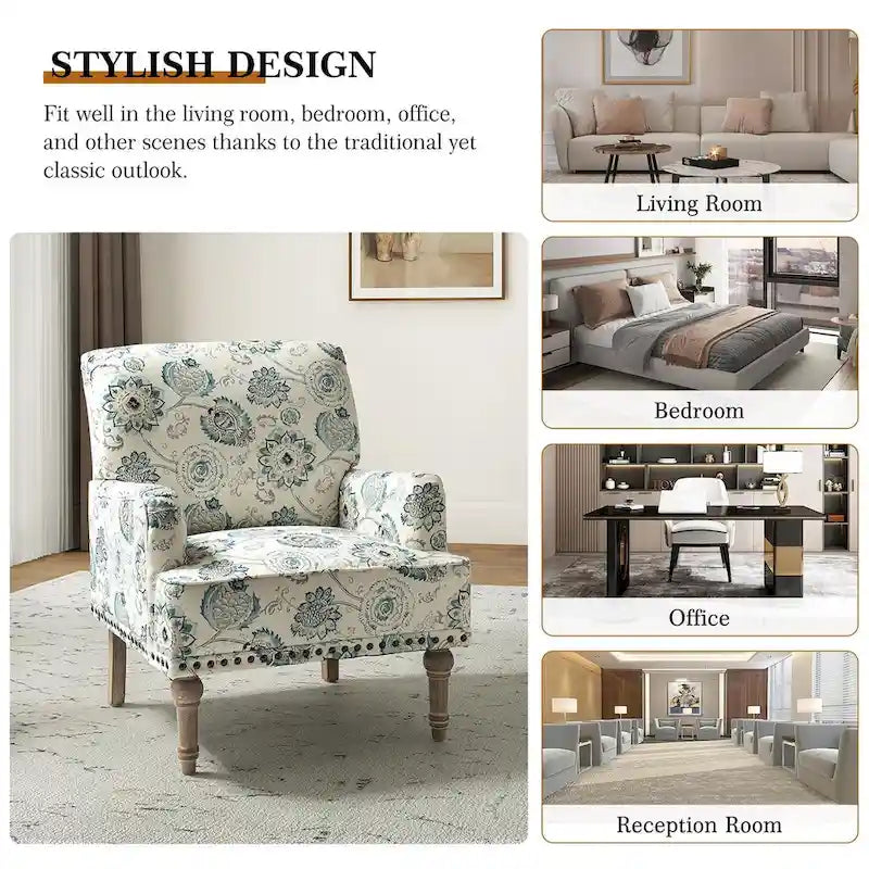 Fauteuil d'appoint rembourré en tissu à motifs floraux traditionnels avec pieds tournés