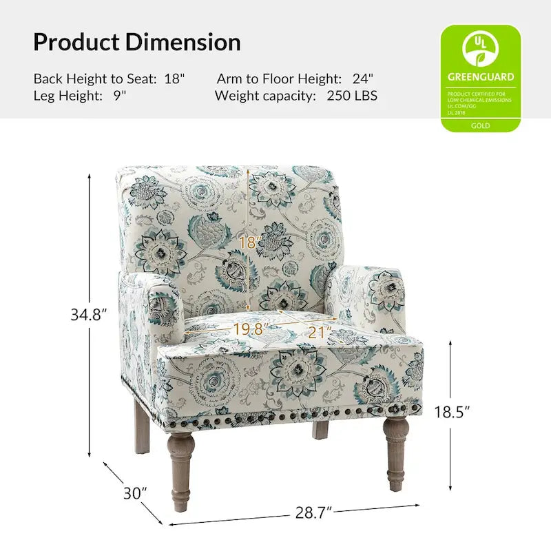 Fauteuil d'appoint rembourré en tissu à motifs floraux traditionnels avec pieds tournés