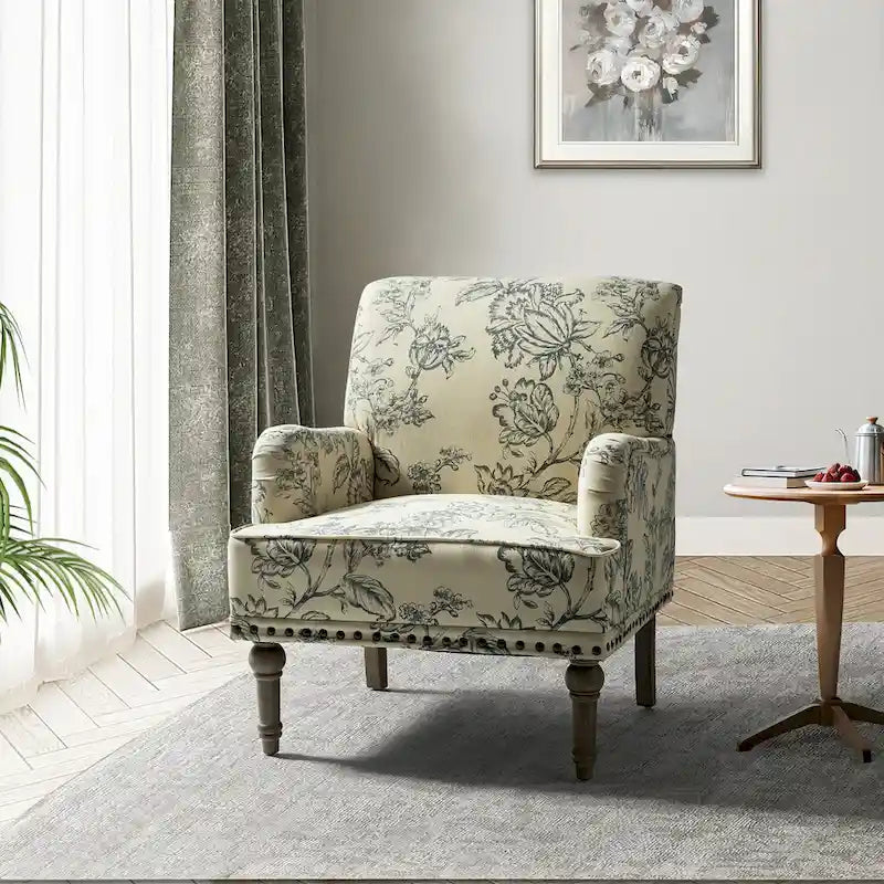Fauteuil d'appoint rembourré en tissu à motifs floraux traditionnels avec pieds tournés