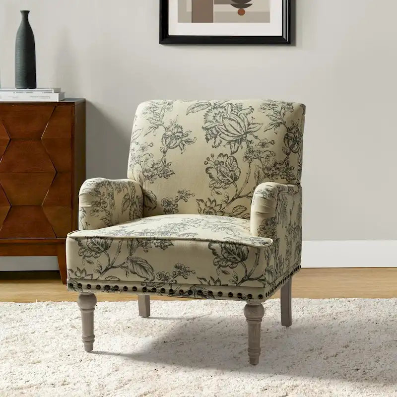 Fauteuil d'appoint rembourré en tissu à motifs floraux traditionnels avec pieds tournés