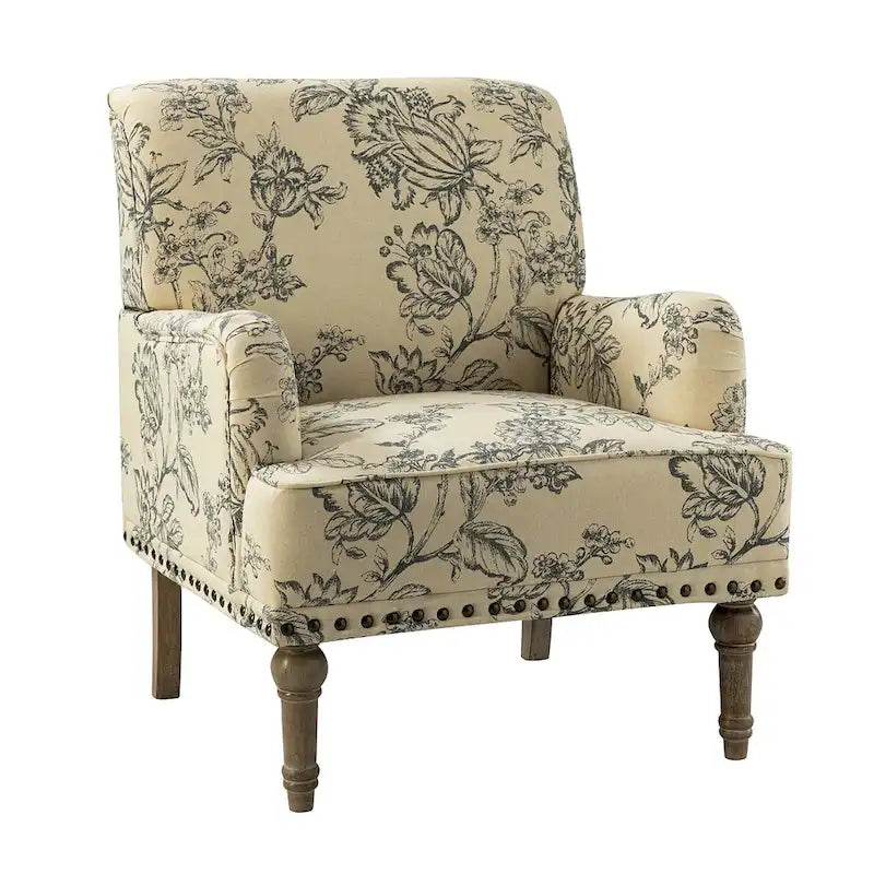 Fauteuil d'appoint rembourré en tissu à motifs floraux traditionnels avec pieds tournés