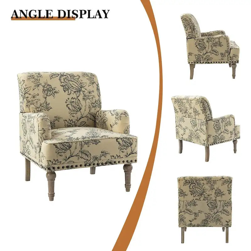 Fauteuil d'appoint rembourré en tissu à motifs floraux traditionnels avec pieds tournés