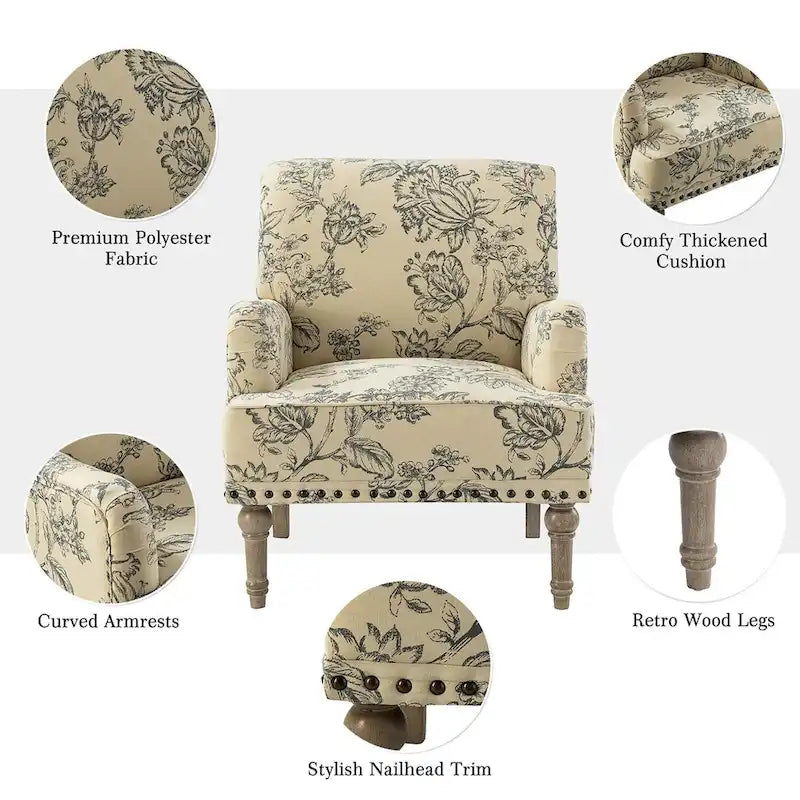 Fauteuil d'appoint rembourré en tissu à motifs floraux traditionnels avec pieds tournés