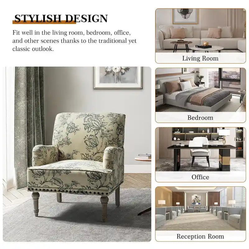 Fauteuil d'appoint rembourré en tissu à motifs floraux traditionnels avec pieds tournés