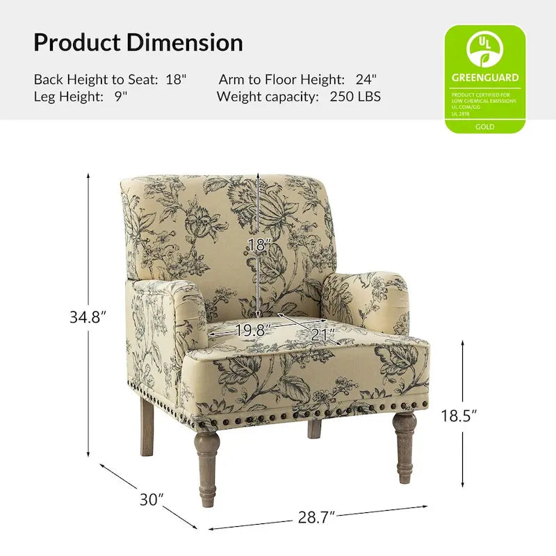 Fauteuil d'appoint rembourré en tissu à motifs floraux traditionnels avec pieds tournés