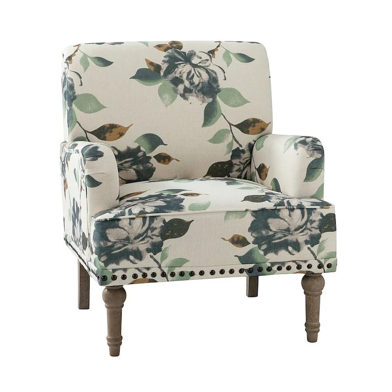 Fauteuil d'appoint rembourré en tissu à motifs floraux traditionnels avec pieds tournés
