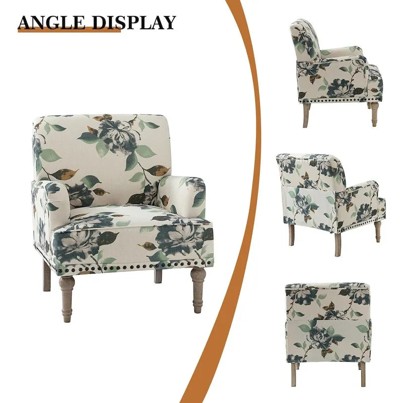 Fauteuil d'appoint rembourré en tissu à motifs floraux traditionnels avec pieds tournés