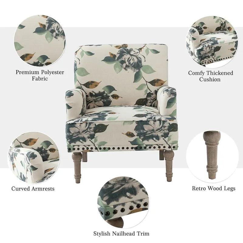 Fauteuil d'appoint rembourré en tissu à motifs floraux traditionnels avec pieds tournés