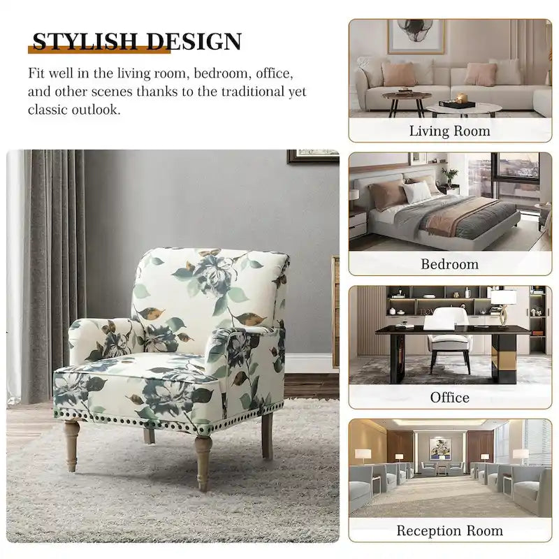 Fauteuil d'appoint rembourré en tissu à motifs floraux traditionnels avec pieds tournés
