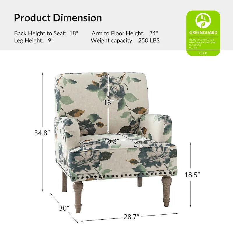 Fauteuil d'appoint rembourré en tissu à motifs floraux traditionnels avec pieds tournés