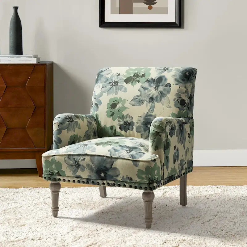 Fauteuil d'appoint rembourré en tissu à motifs floraux traditionnels avec pieds tournés