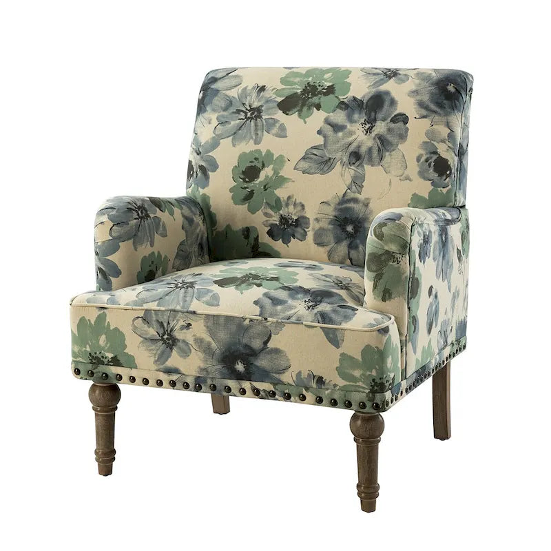 Fauteuil d'appoint rembourré en tissu à motifs floraux traditionnels avec pieds tournés