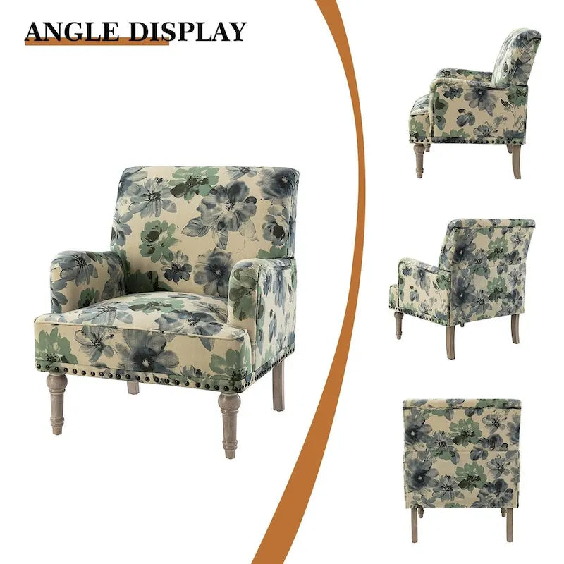 Fauteuil d'appoint rembourré en tissu à motifs floraux traditionnels avec pieds tournés
