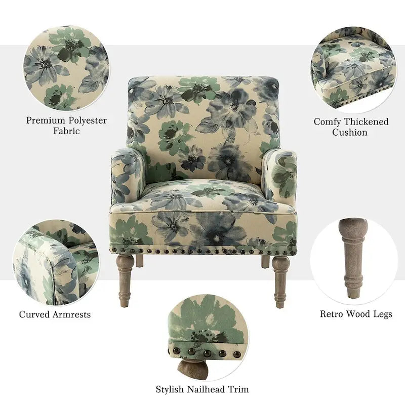 Fauteuil d'appoint rembourré en tissu à motifs floraux traditionnels avec pieds tournés