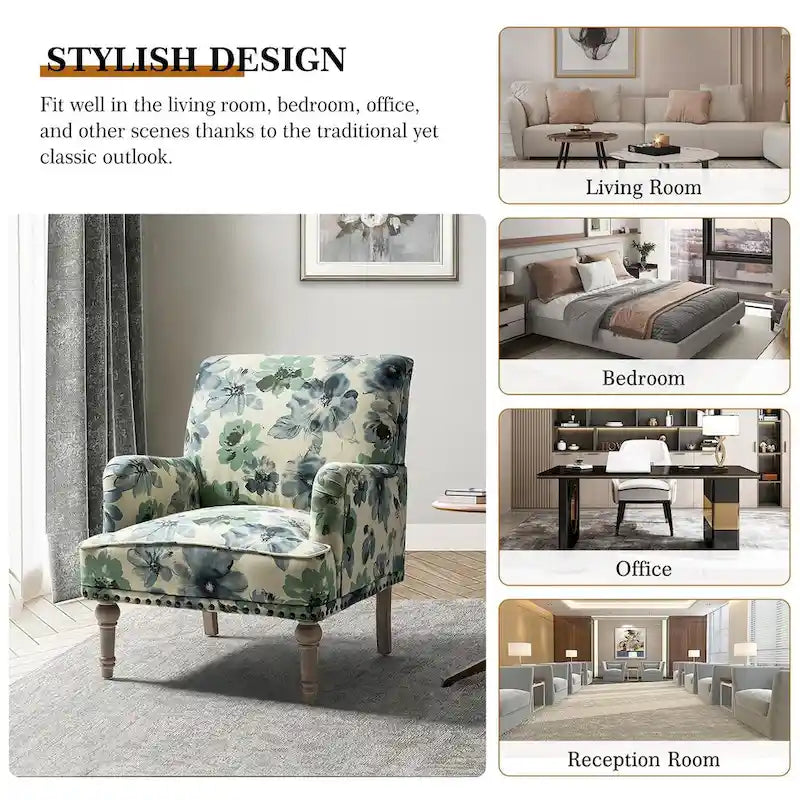 Fauteuil d'appoint rembourré en tissu à motifs floraux traditionnels avec pieds tournés