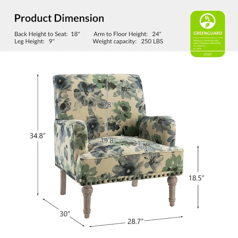 Fauteuil d'appoint rembourré en tissu à motifs floraux traditionnels avec pieds tournés