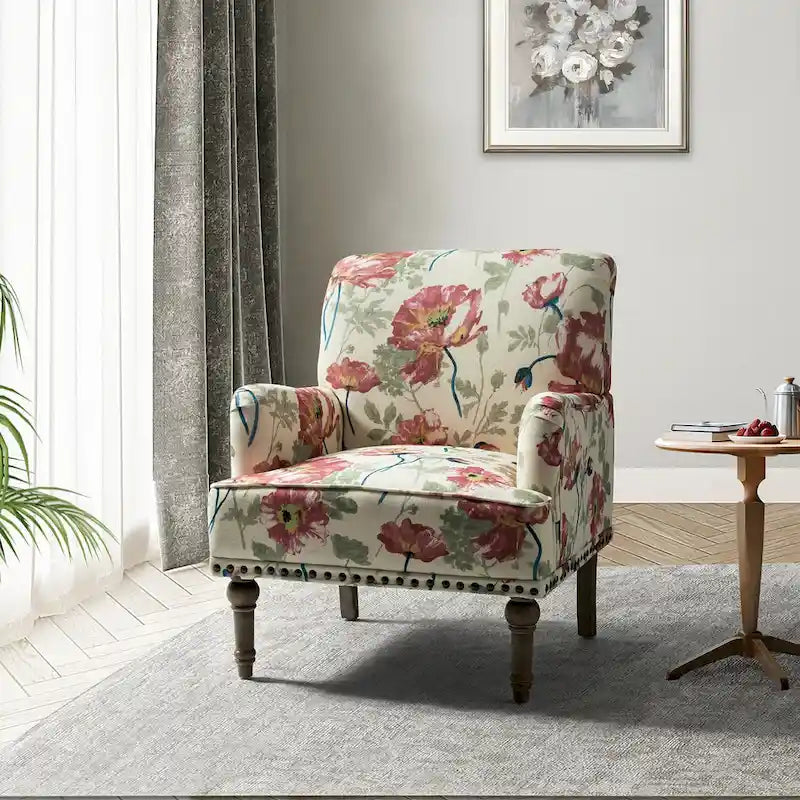 Fauteuil d'appoint rembourré en tissu à motifs floraux traditionnels avec pieds tournés