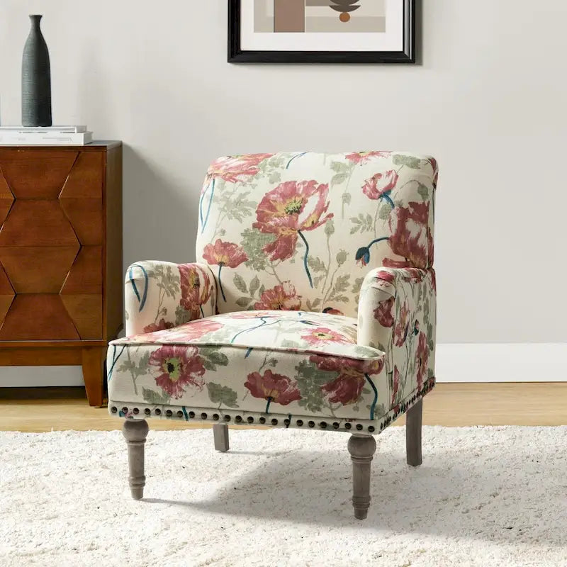 Fauteuil d'appoint rembourré en tissu à motifs floraux traditionnels avec pieds tournés