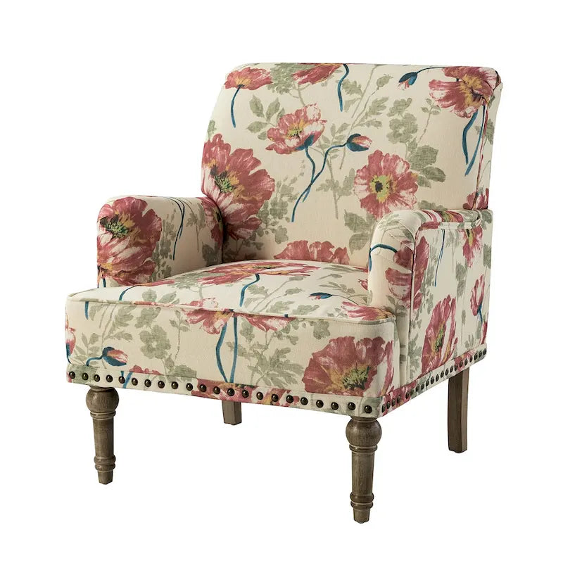 Fauteuil d'appoint rembourré en tissu à motifs floraux traditionnels avec pieds tournés
