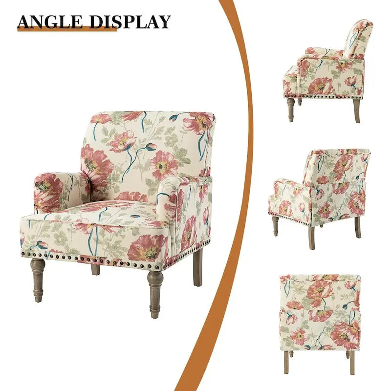 Fauteuil d'appoint rembourré en tissu à motifs floraux traditionnels avec pieds tournés