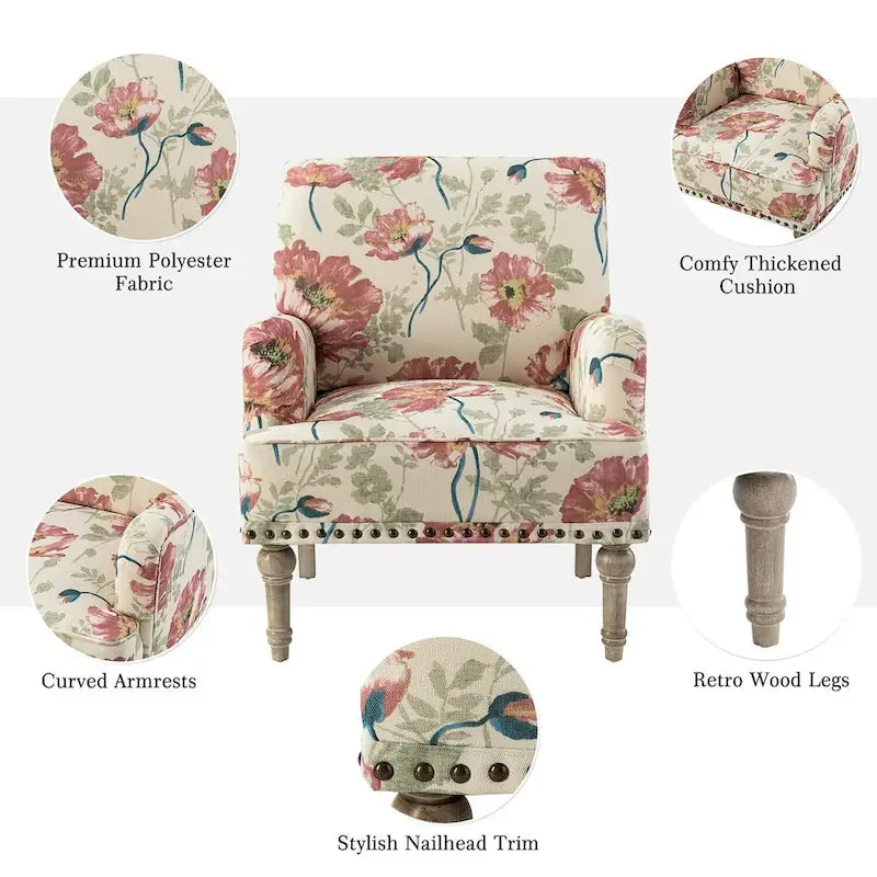Fauteuil d'appoint rembourré en tissu à motifs floraux traditionnels avec pieds tournés