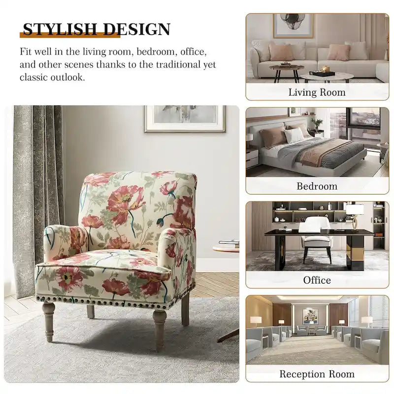 Fauteuil d'appoint rembourré en tissu à motifs floraux traditionnels avec pieds tournés