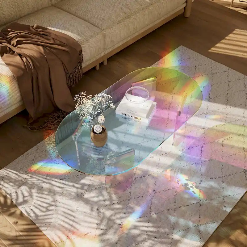 Table basse en acrylique transparent Irisé Table d'appoint colorée aux couleurs de l'arc-en-ciel avec tapis en PVC