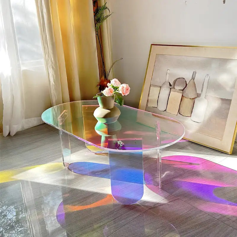 Table basse en acrylique transparent Irisé Table d'appoint colorée aux couleurs de l'arc-en-ciel avec tapis en PVC