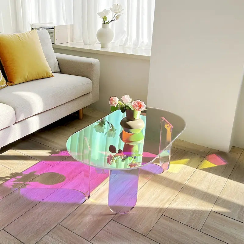 Table basse en acrylique transparent Irisé Table d'appoint colorée aux couleurs de l'arc-en-ciel avec tapis en PVC