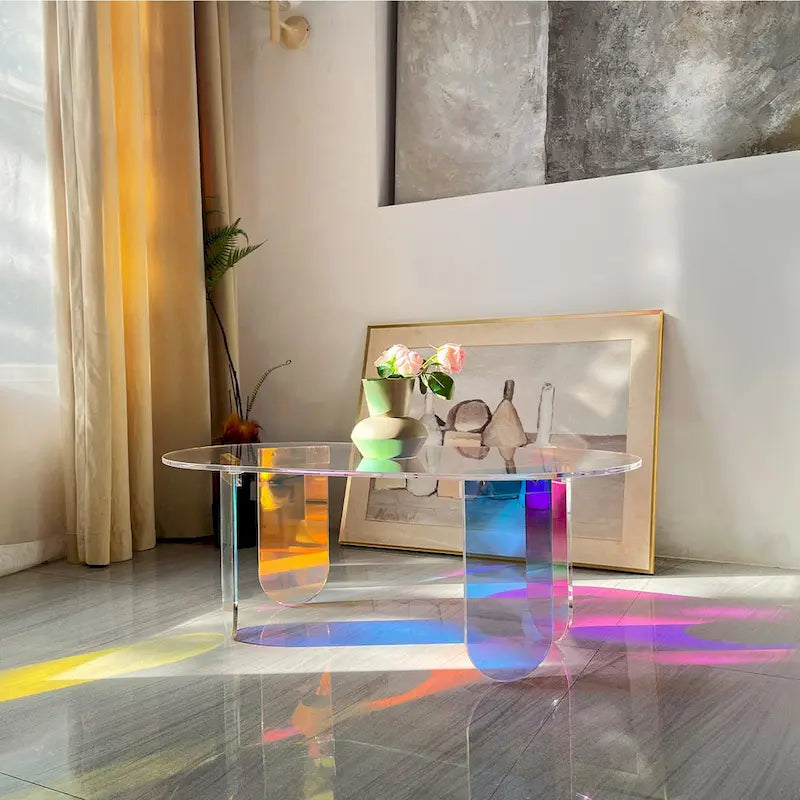 Table basse en acrylique transparent Irisé Table d'appoint colorée aux couleurs de l'arc-en-ciel avec tapis en PVC