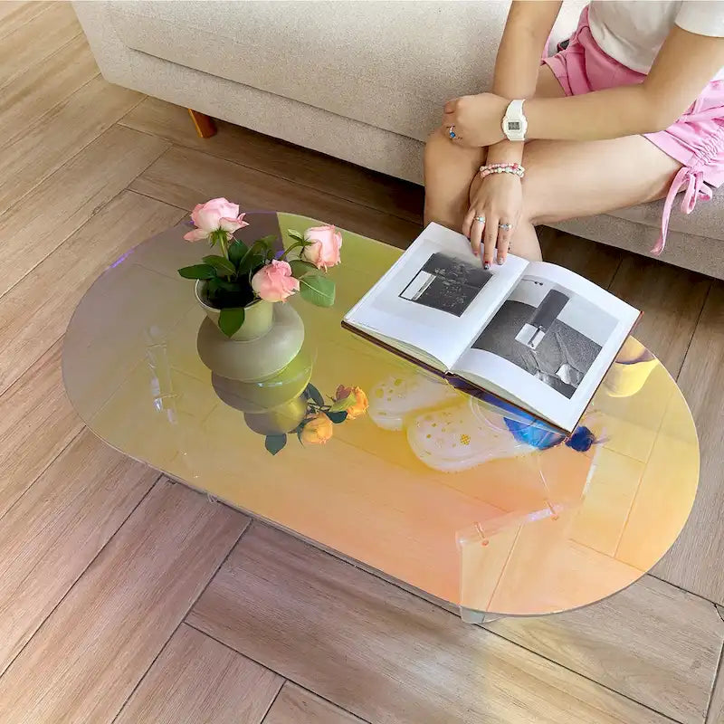 Table basse en acrylique transparent Irisé Table d'appoint colorée aux couleurs de l'arc-en-ciel avec tapis en PVC