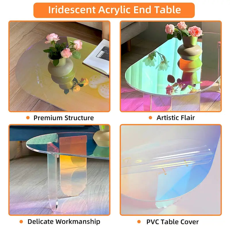Table basse en acrylique transparent Irisé Table d'appoint colorée aux couleurs de l'arc-en-ciel avec tapis en PVC