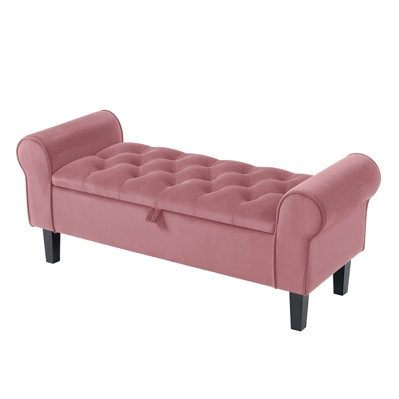 Banc de rangement en velours avec pieds en bois d'hévéa pour chambre à coucher