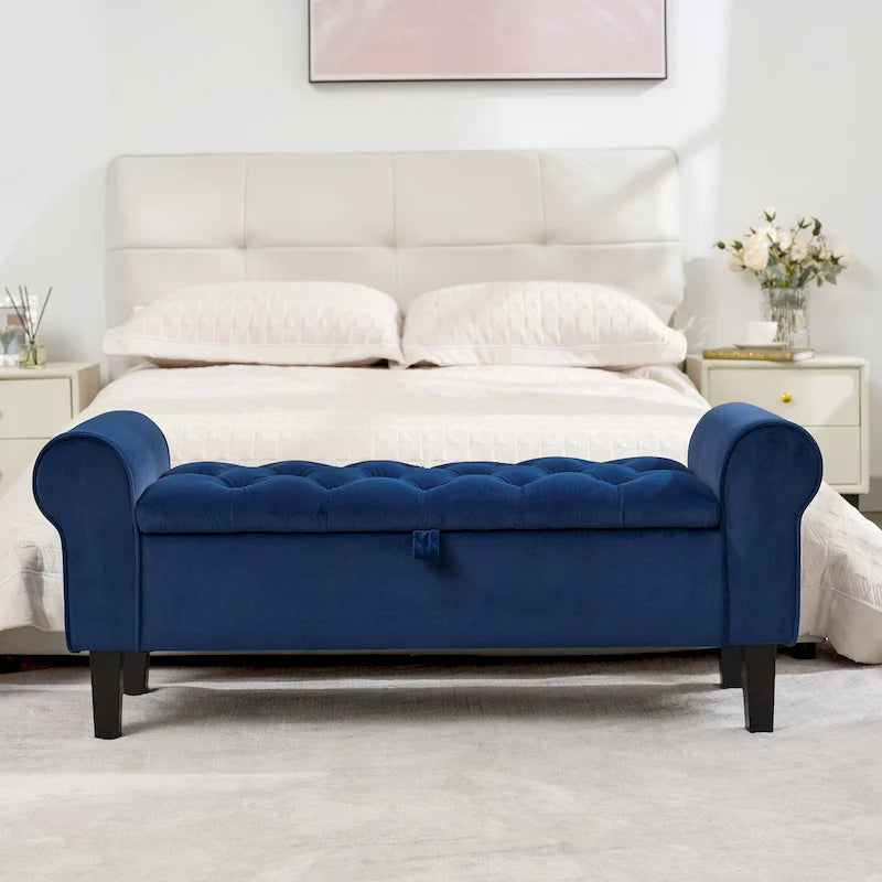 Banc de rangement en velours avec pieds en bois d'hévéa pour chambre à coucher