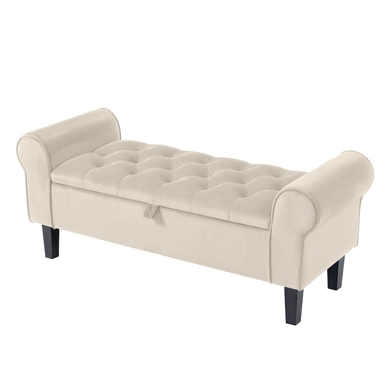 Banc de rangement en velours avec pieds en bois d'hévéa pour chambre à coucher