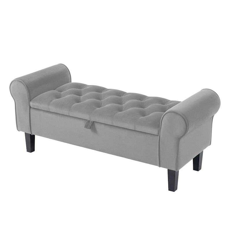 Banc de rangement en velours avec pieds en bois d'hévéa pour chambre à coucher