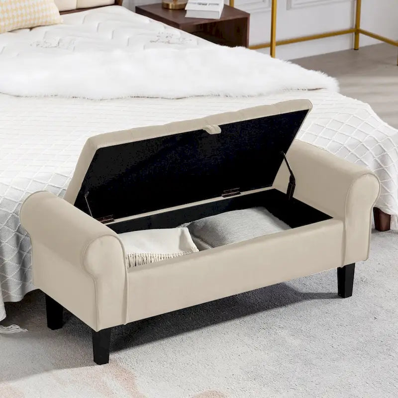 Banc de rangement en velours avec pieds en bois d'hévéa pour chambre à coucher