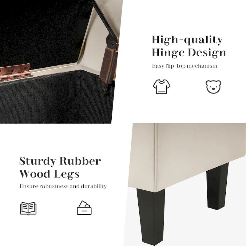 Banc de rangement en velours avec pieds en bois d'hévéa pour chambre à coucher