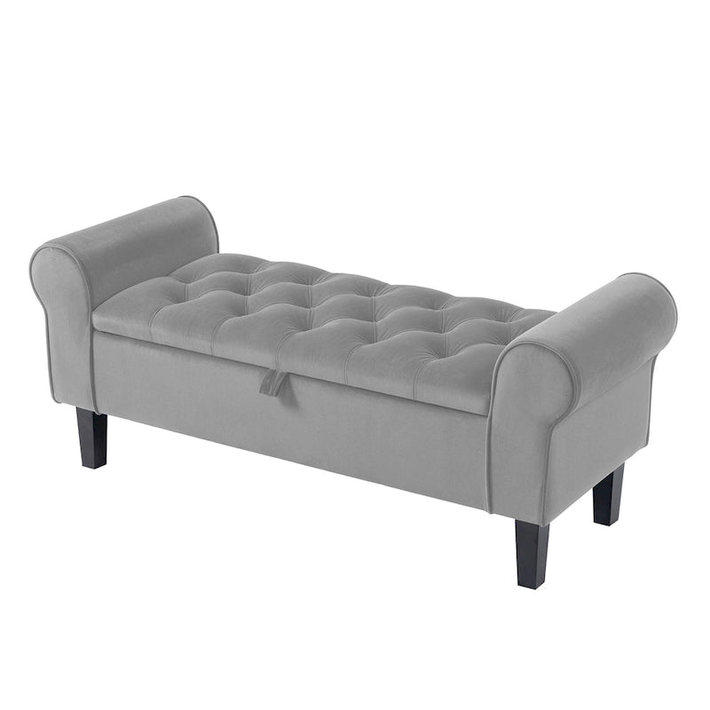 Banc de rangement en velours avec pieds en bois d'hévéa pour chambre à coucher