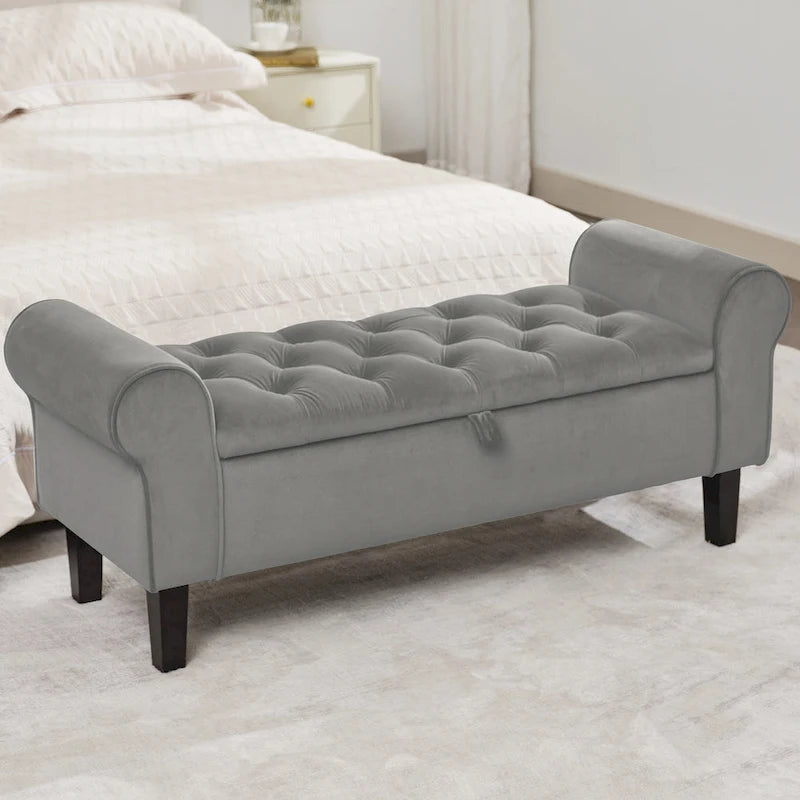 Banc de rangement en velours avec pieds en bois d'hévéa pour chambre à coucher