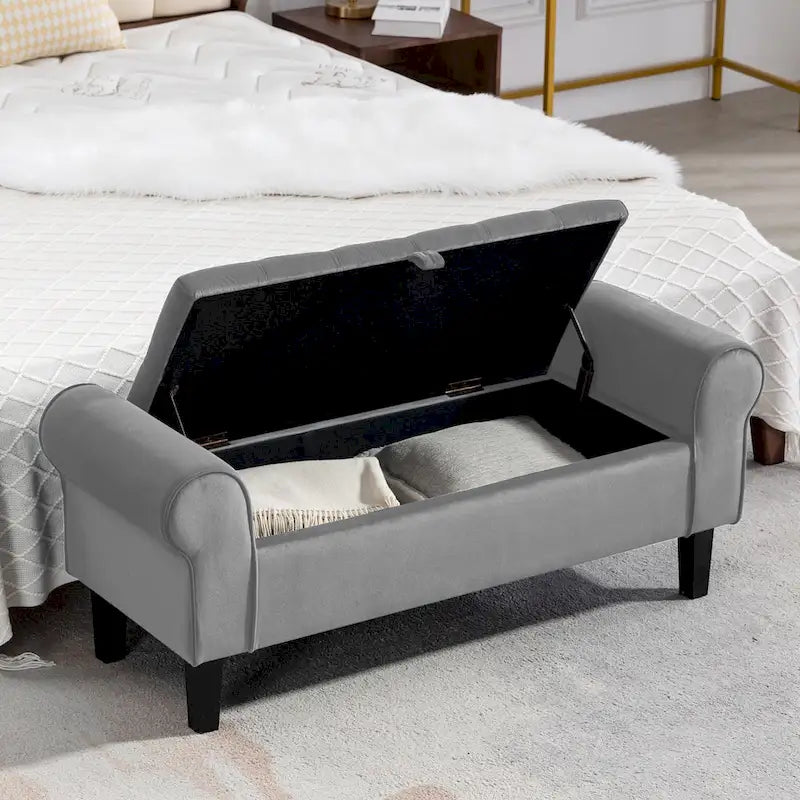 Banc de rangement en velours avec pieds en bois d'hévéa pour chambre à coucher