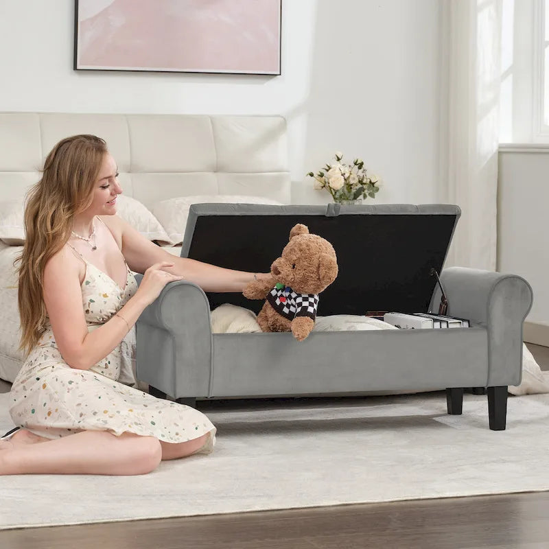 Banc de rangement en velours avec pieds en bois d'hévéa pour chambre à coucher