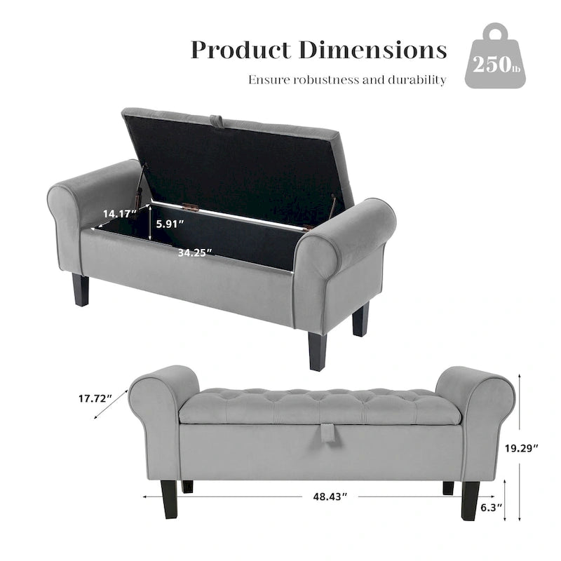Banc de rangement en velours avec pieds en bois d'hévéa pour chambre à coucher
