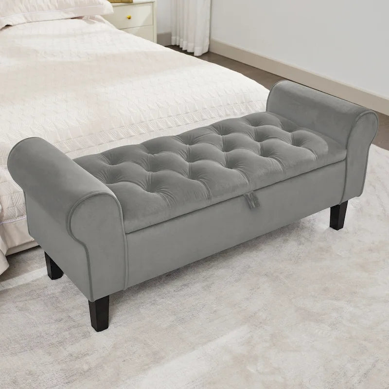 Banc de rangement en velours avec pieds en bois d'hévéa pour chambre à coucher