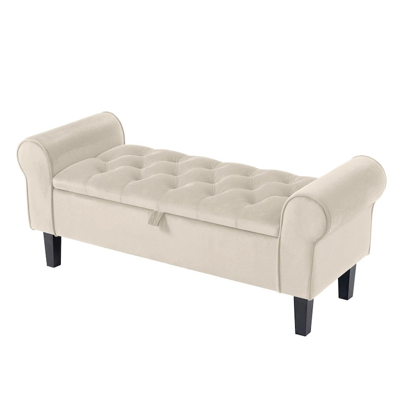Banc de rangement en velours avec pieds en bois d'hévéa pour chambre à coucher