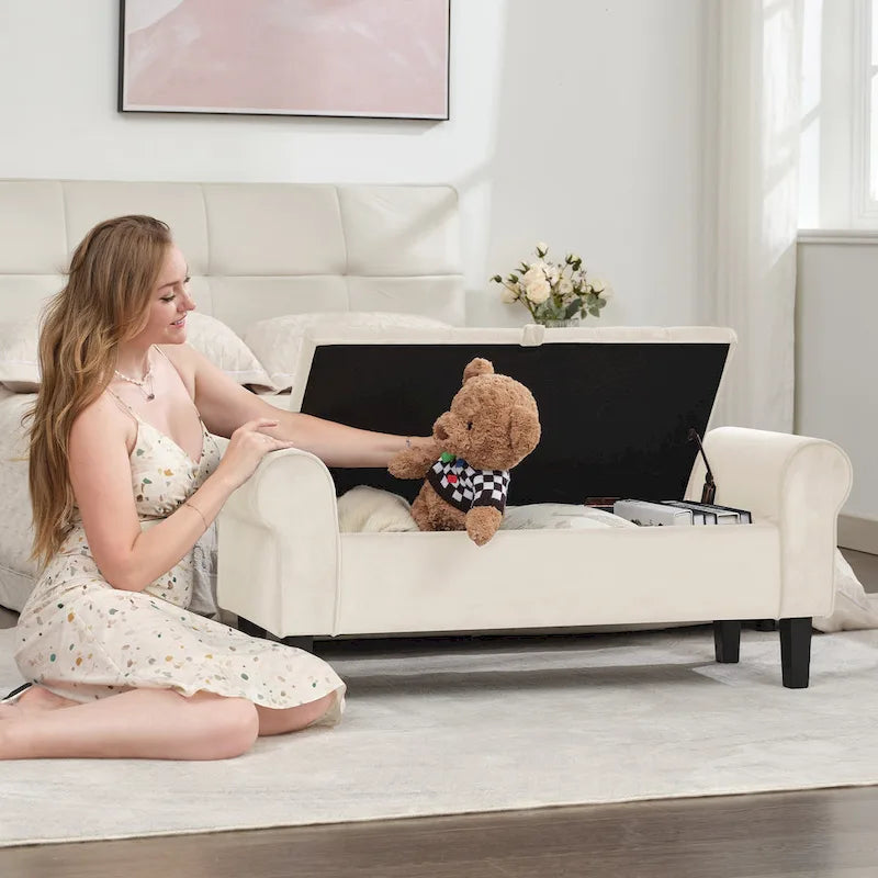 Banc de rangement en velours avec pieds en bois d'hévéa pour chambre à coucher