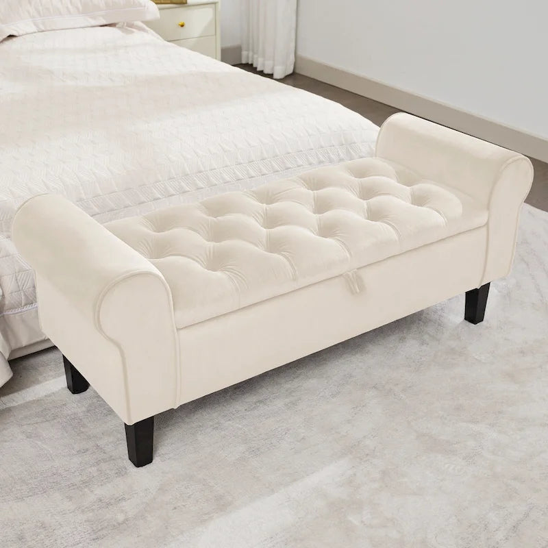 Banc de rangement en velours avec pieds en bois d'hévéa pour chambre à coucher