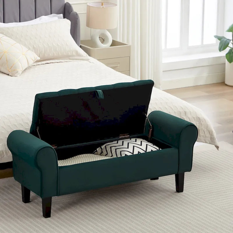 Banc de rangement en velours avec pieds en bois d'hévéa pour chambre à coucher