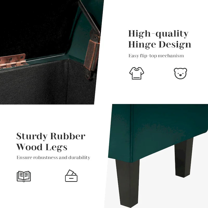 Banc de rangement en velours avec pieds en bois d'hévéa pour chambre à coucher